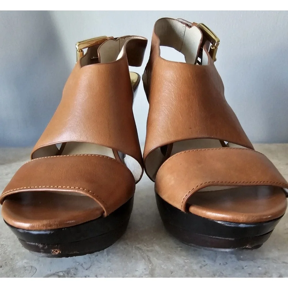 Michael Kors Womens Size 8 Luggage Tan Leather Open Toe Slingback Cone Heels - Picture 4 of 9